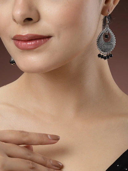 Silver-Plated Artificial Beads German Silver Oxidised Chandbali Earrings