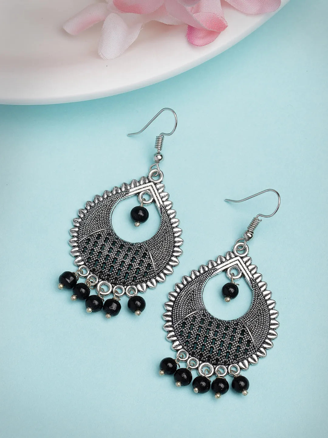 Silver-Plated Artificial Beads German Silver Oxidised Chandbali Earrings