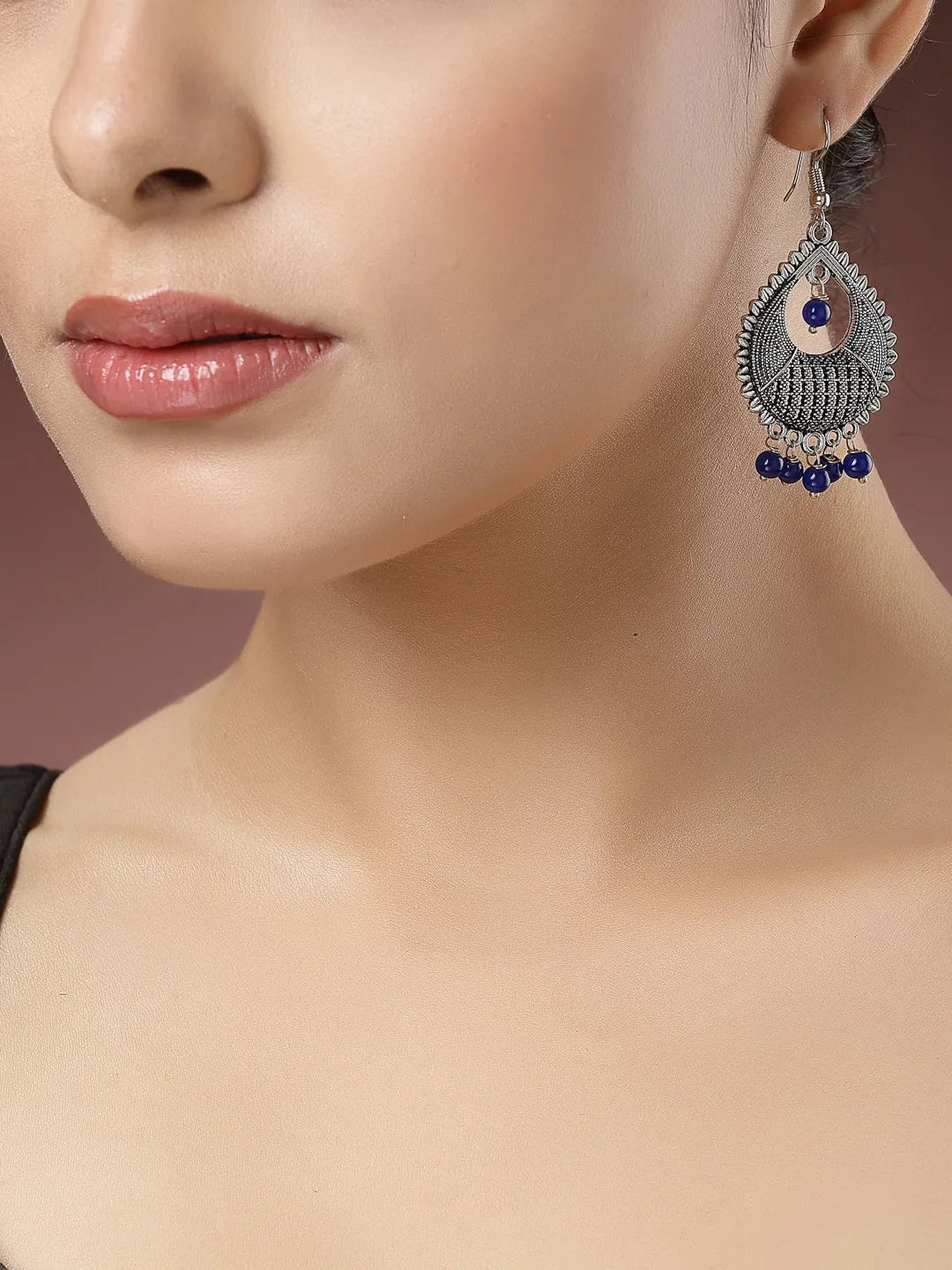 Silver-Plated Artificial Beads German Silver Oxidised Chandbali Earrings