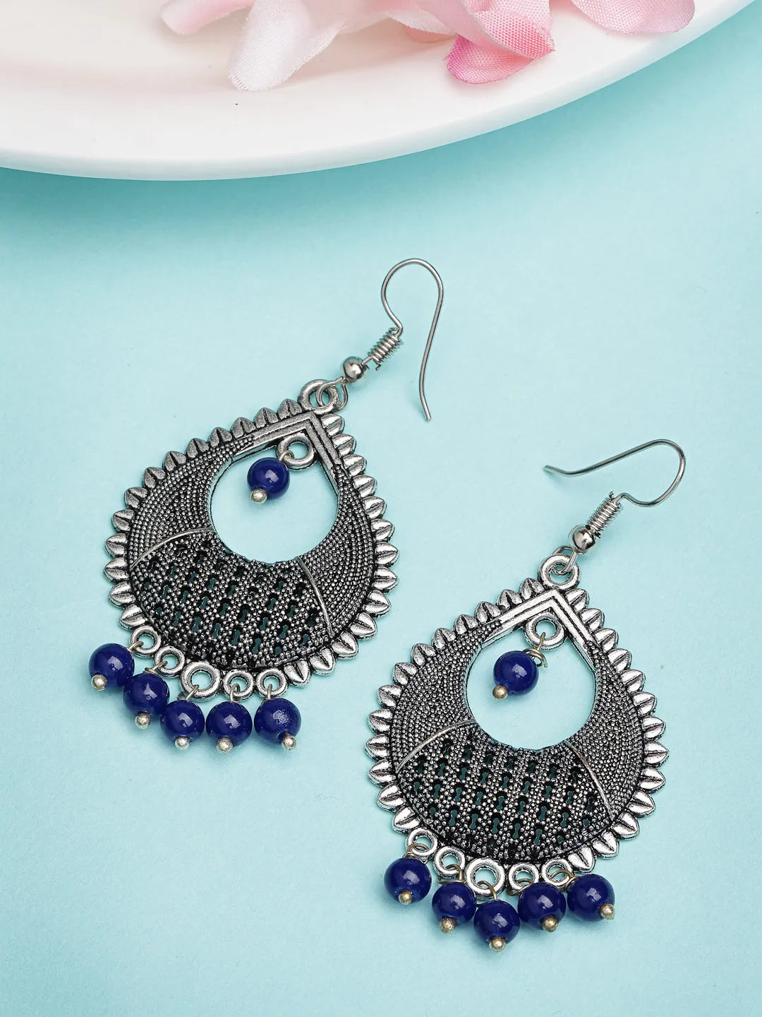 Silver-Plated Artificial Beads German Silver Oxidised Chandbali Earrings