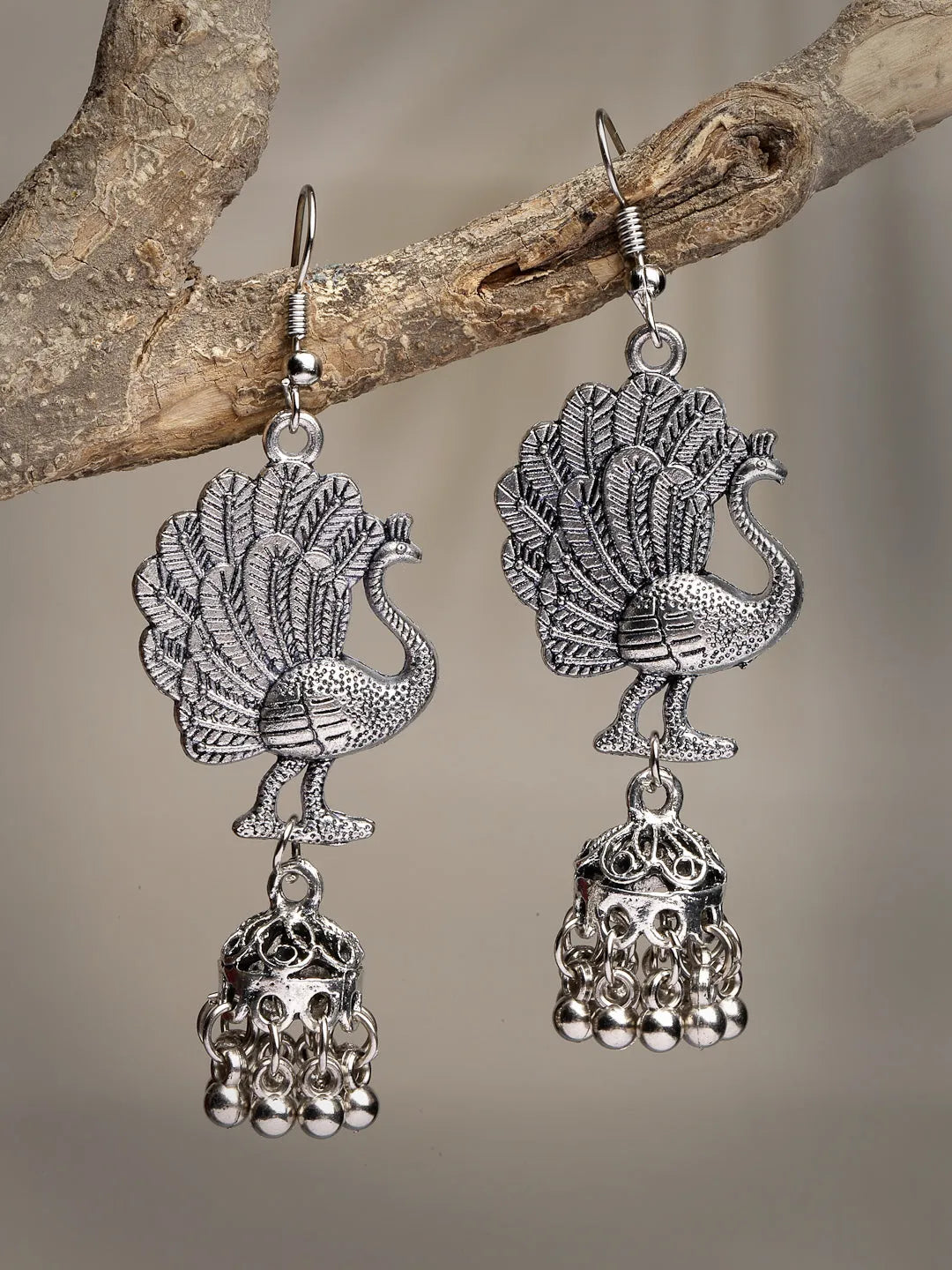 Silver-Toned Peacock Desing German Silver Oxidised Dome Shaped Jhumka Earrings