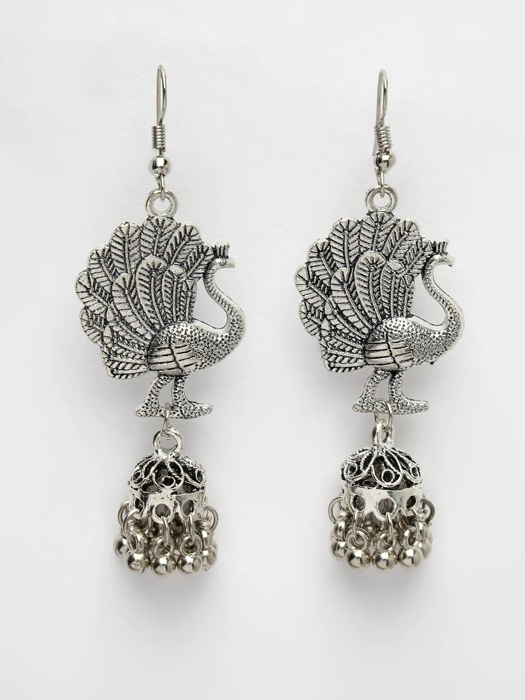 Silver-Toned Peacock Desing German Silver Oxidised Dome Shaped Jhumka Earrings