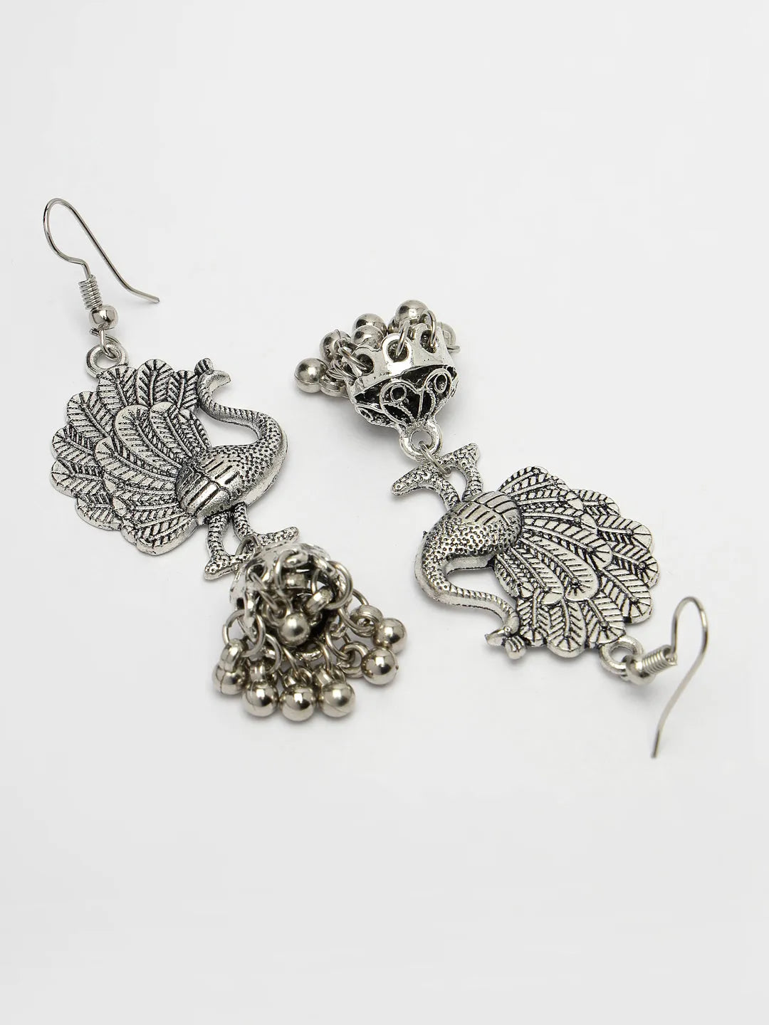 Silver-Toned Peacock Desing German Silver Oxidised Dome Shaped Jhumka Earrings