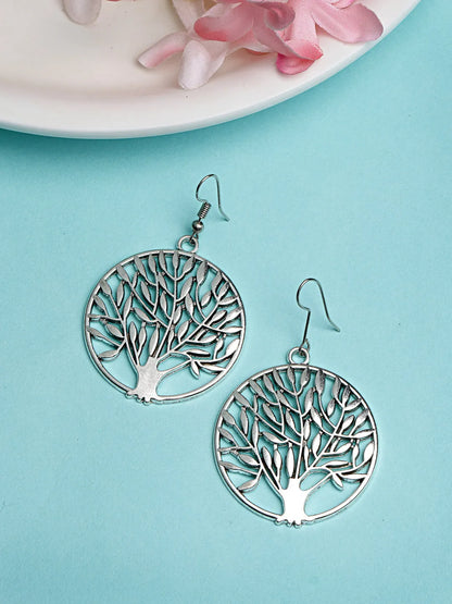 Silver-Toned Circular shape German Silver Oxidised Drop Earrings