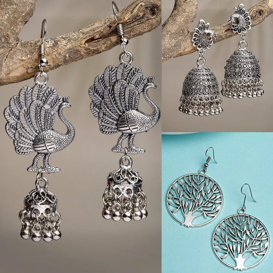 Set of 3 Silver-Toned German Silver Oxidised Dome Shaped Jhumka Earrings