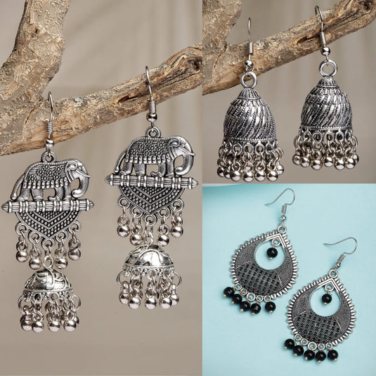 Set of 3 Silver-Toned German Silver Oxidised Dome Shaped Jhumka Earrings