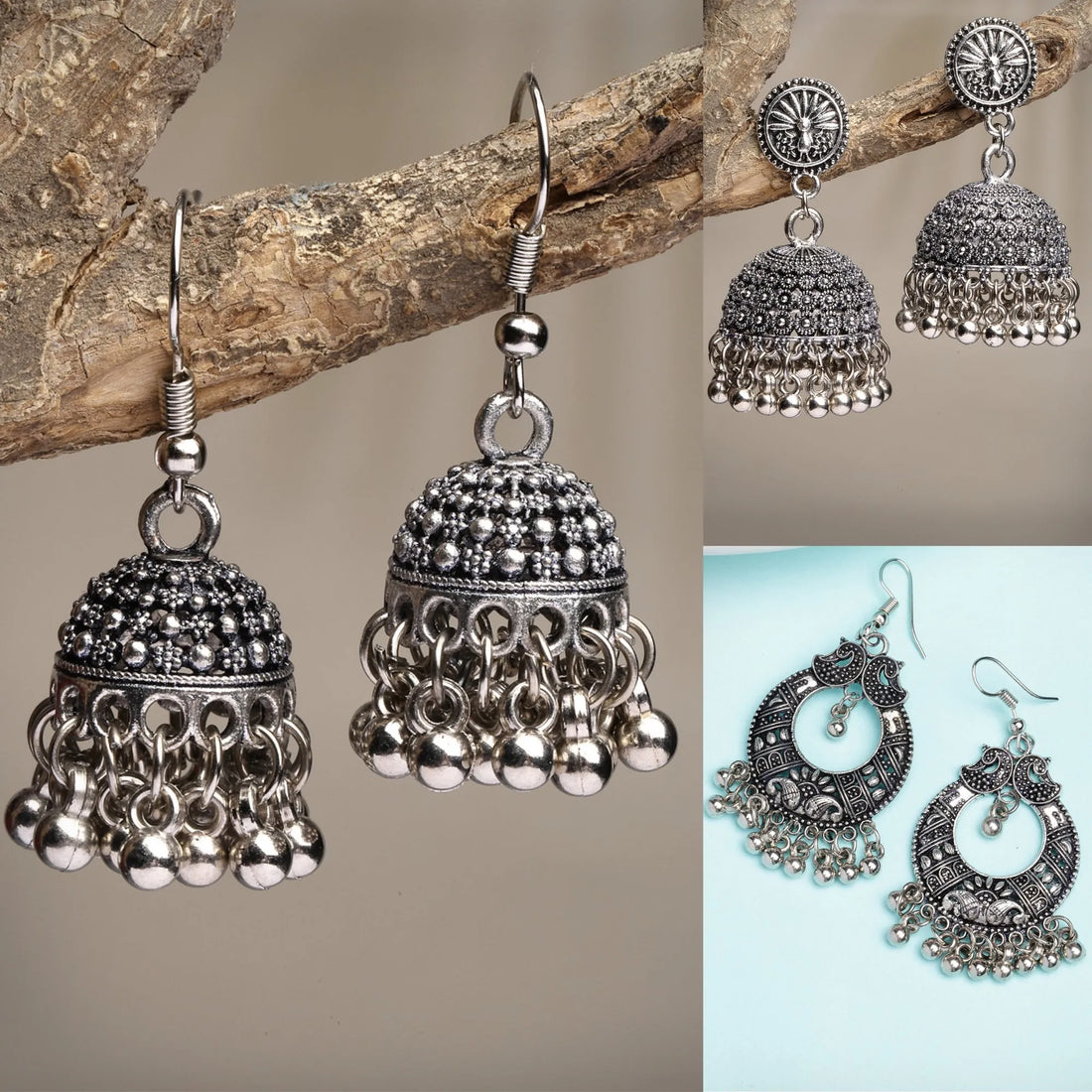 Set of 3 Silver-Toned German Silver Oxidised Dome Shaped Jhumka Earrings