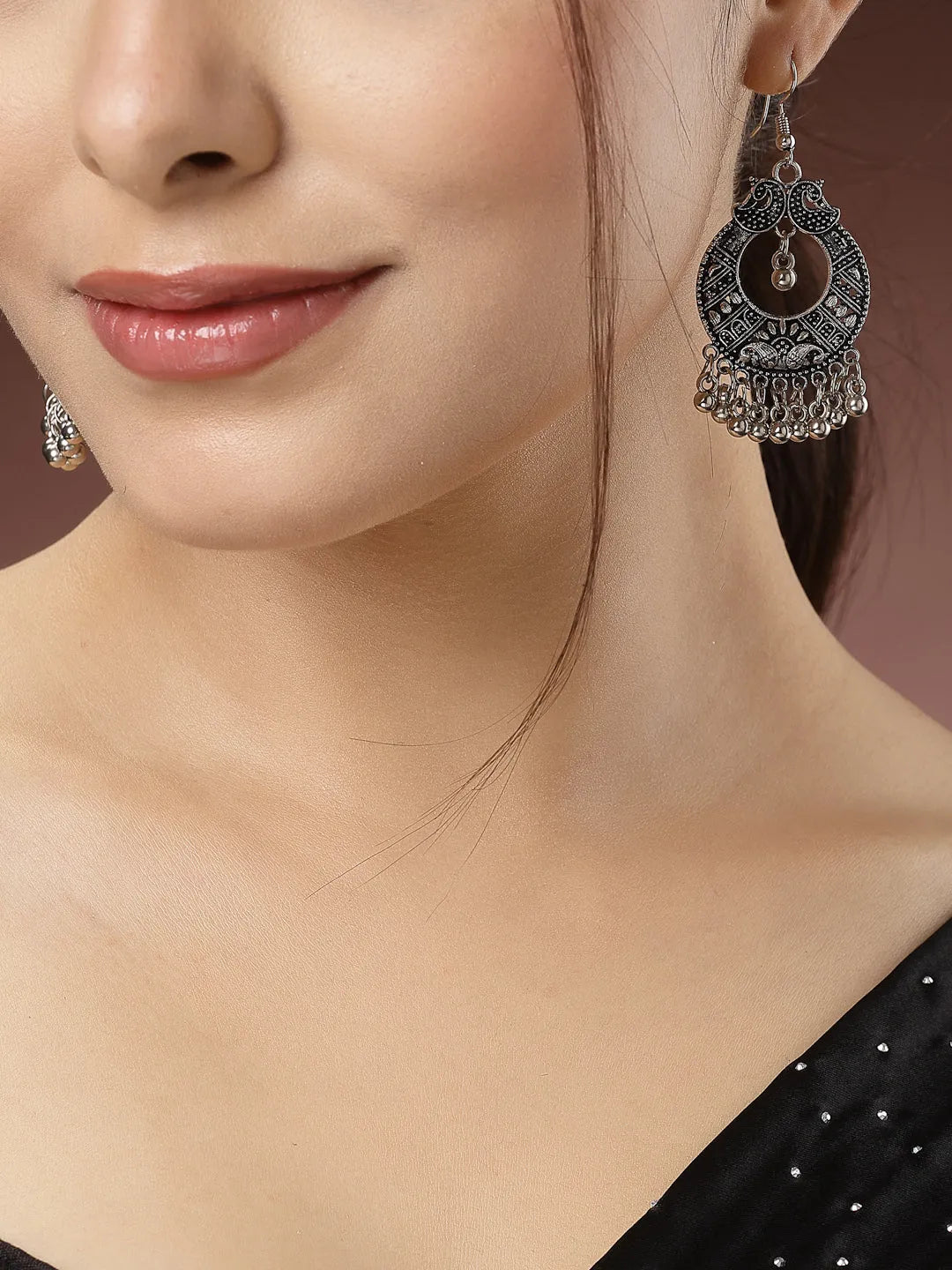 Set of 3 Silver-Toned German Silver Oxidised Dome Shaped Jhumka Earrings