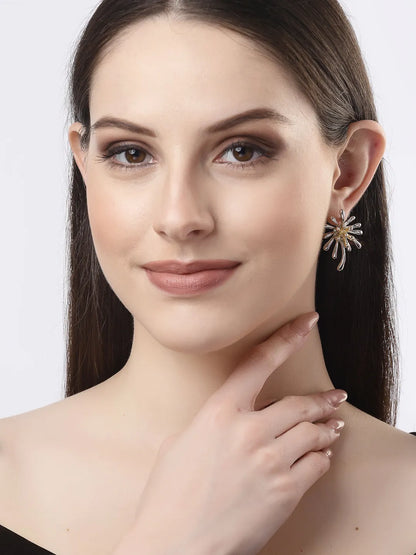 Set of 2 Silver &amp; Gold Brass-Plated Floral Shape Drop Earrings