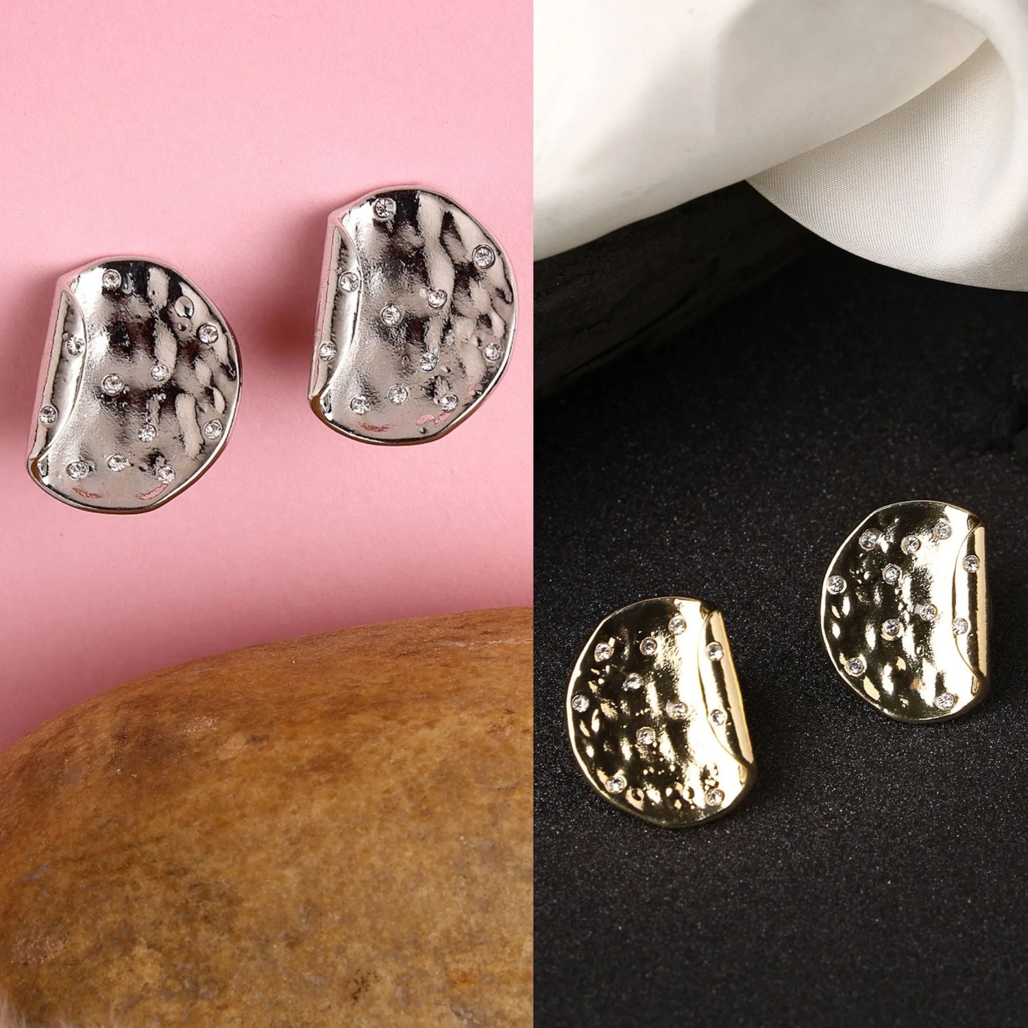 Set of 2 Gold &amp; Silver Brass-Plated Artificial Stones Studded Studs Earring