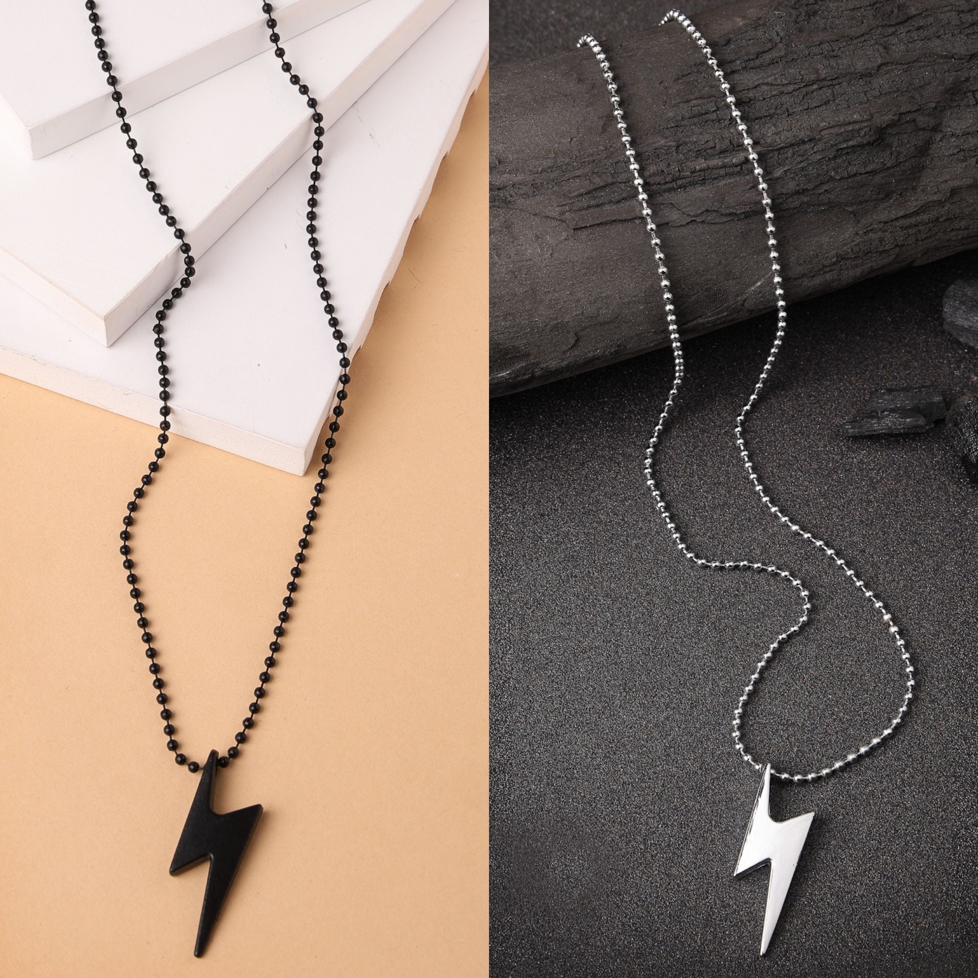 Men Set of 2 Black &amp; Silver flash pendent with chain