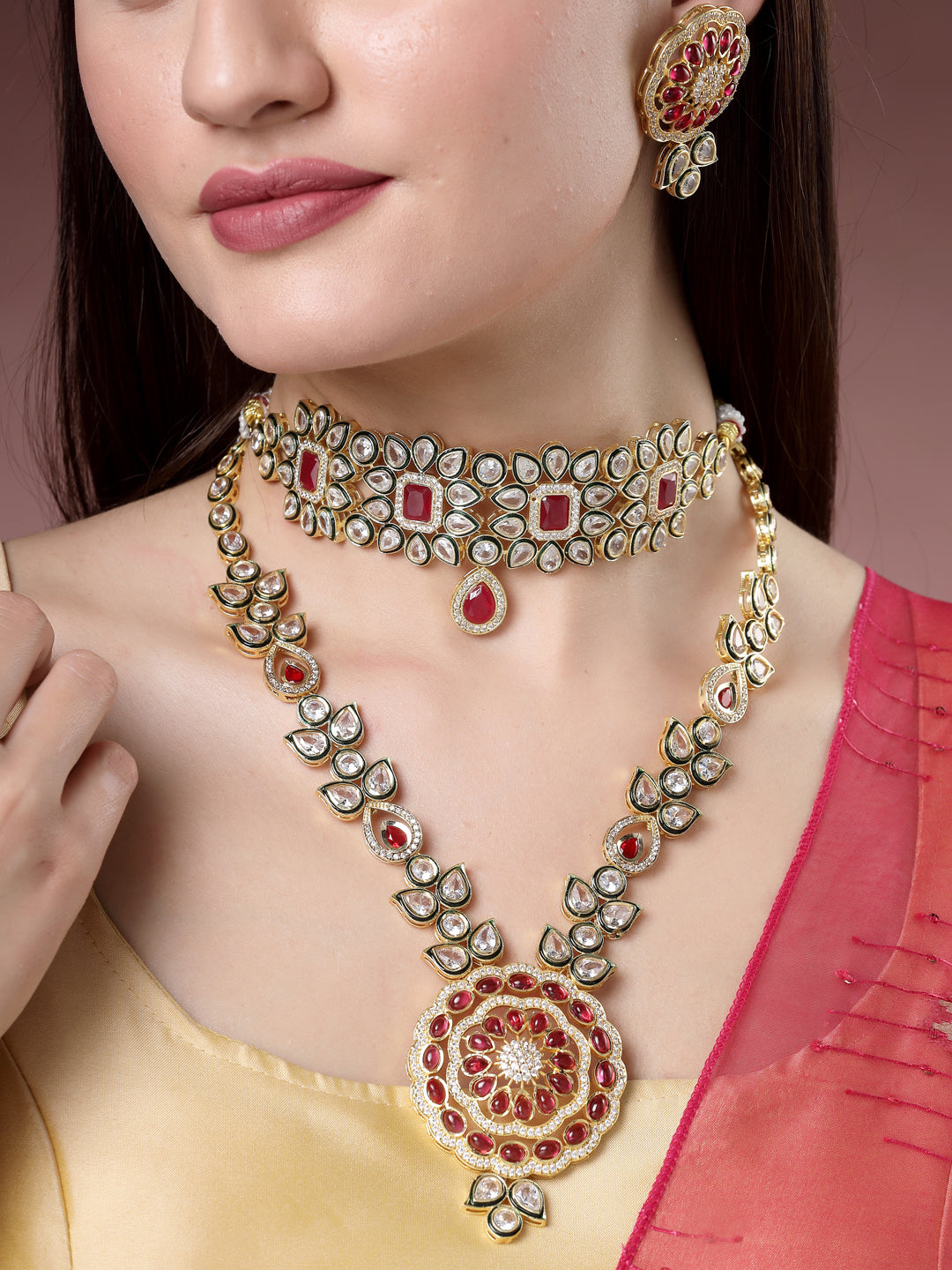 Set of 2 Red &amp; Gold Kundan Studded Jewellery Set Choker &amp; Long Necklace with Earrings