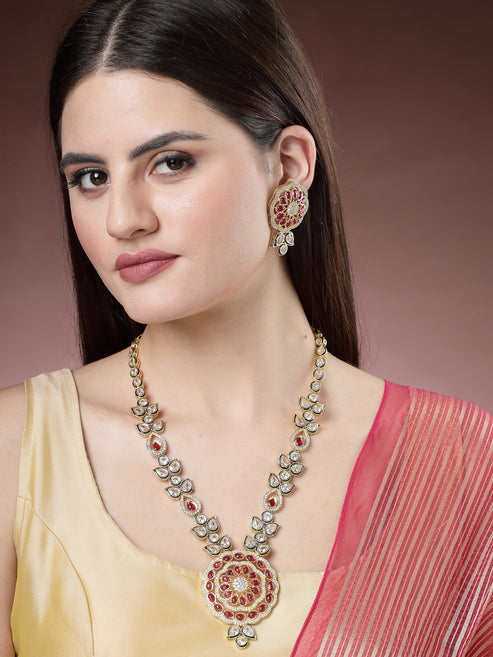 Women Set of 2 Red & Gold Kundan Studded Jewellery Set Choker & Long Necklace with Earrings