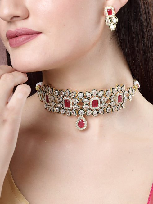 Women Set of 2 Red & Gold Kundan Studded Jewellery Set Choker & Long Necklace with Earrings