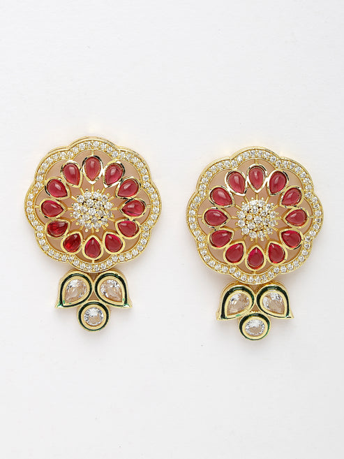Women Set of 2 Red & Gold Kundan Studded Jewellery Set Choker & Long Necklace with Earrings