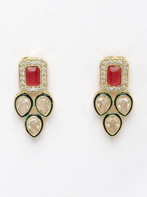 Women Set of 2 Red & Gold Kundan Studded Jewellery Set Choker & Long Necklace with Earrings