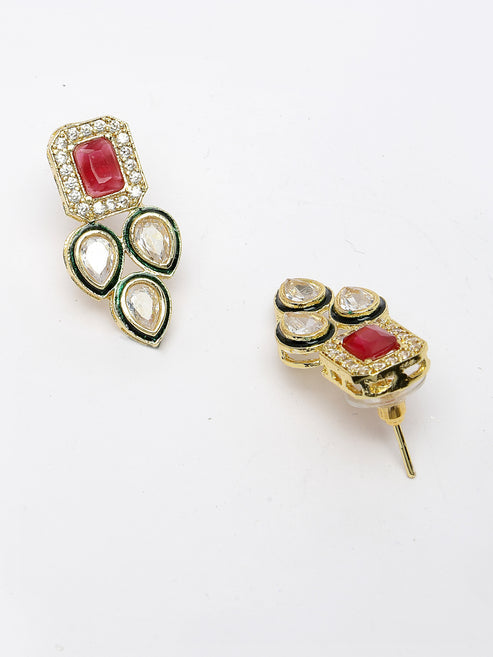 Women Set of 2 Red & Gold Kundan Studded Jewellery Set Choker & Long Necklace with Earrings