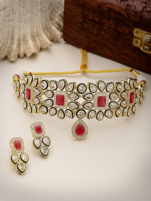 Women Set of 2 Red & Gold Kundan Studded Jewellery Set Choker & Long Necklace with Earrings