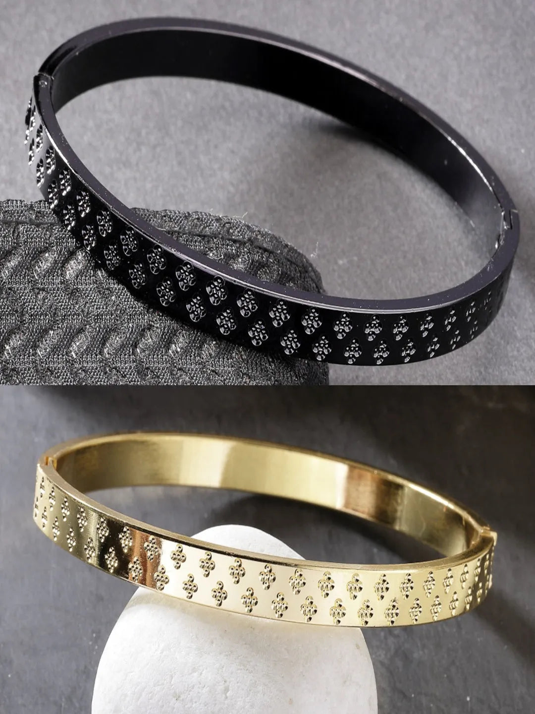 Men Set of 2 Gold &amp; Black Rhodium-Plated  Stainless Steel Kada Bracelet