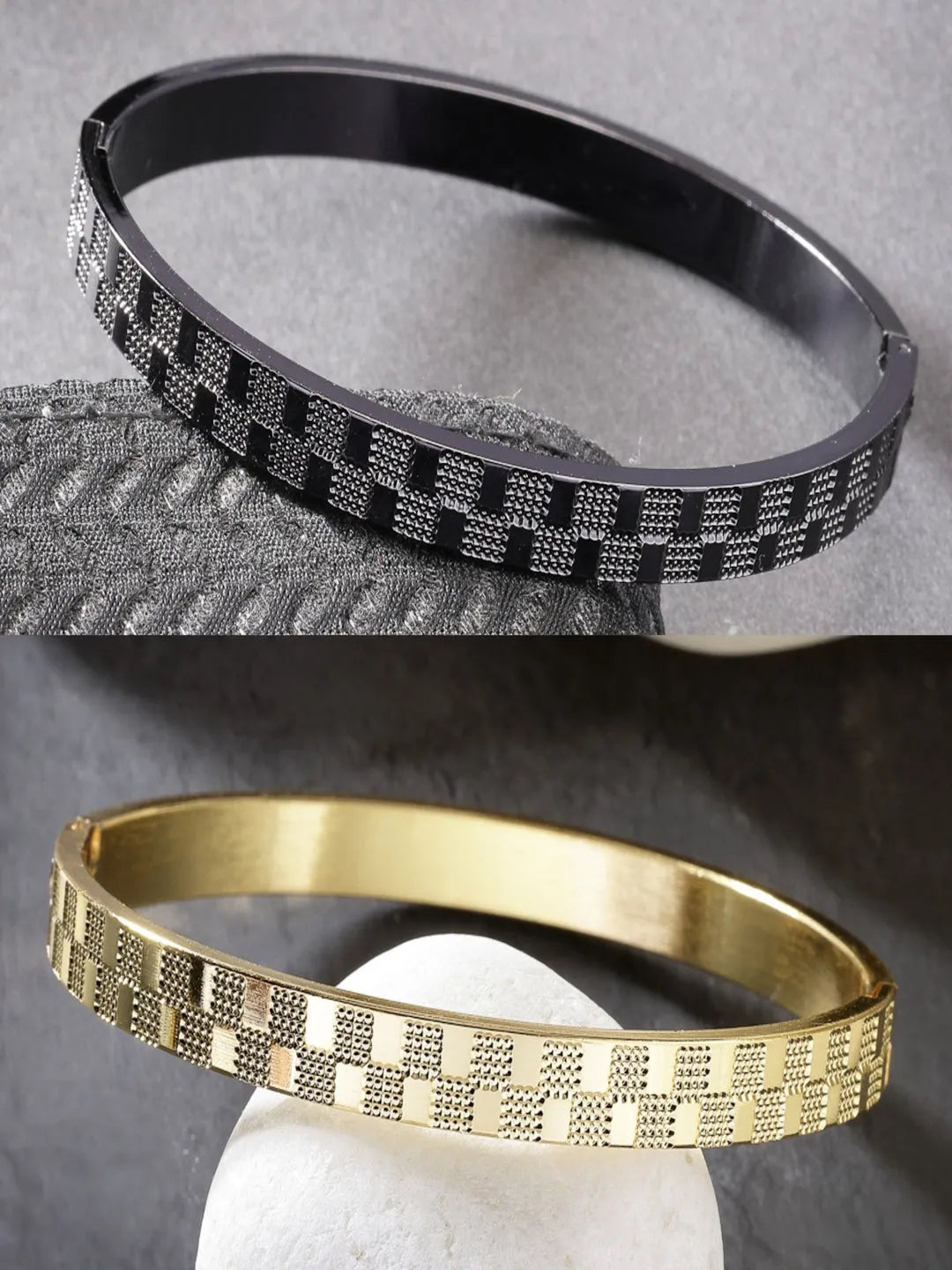 Men Set of 2 Gold &amp; Black Rhodium-Plated  Stainless Steel Kada Bracelet