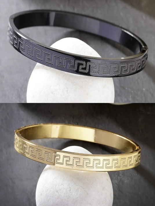 Men Set of 2 Gold &amp; Black Rhodium-Plated  Stainless Steel Kada Bracelet