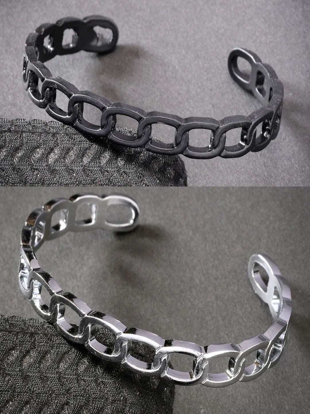 Men Set of 2 Silver &amp; Black Rhodium-Plated  Metal Cuff Bracelet