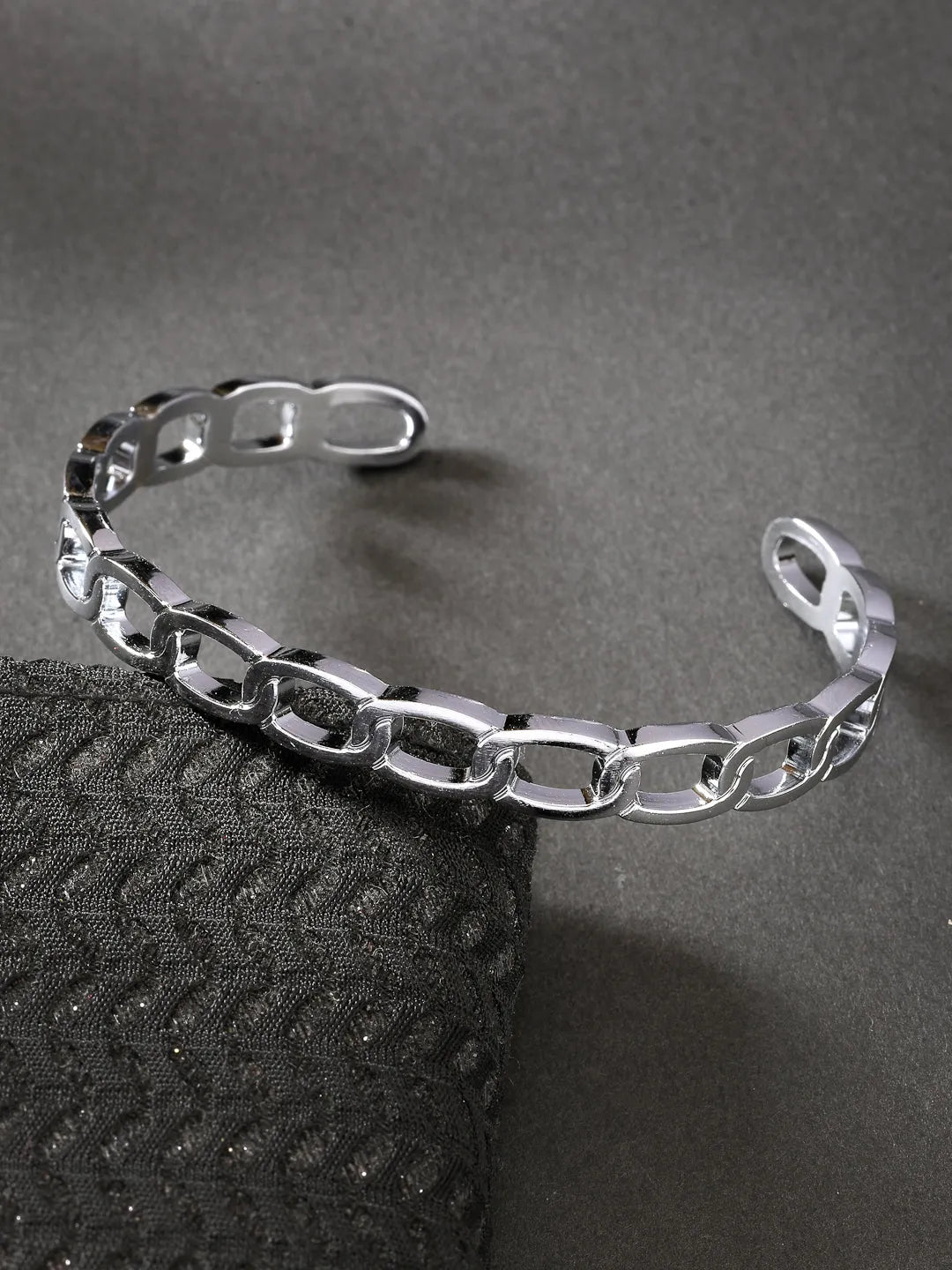 Men Set of 2 Silver &amp; Black Rhodium-Plated  Metal Cuff Bracelet