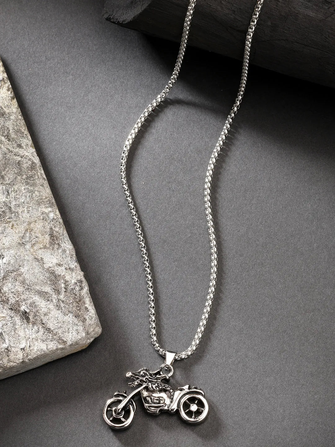 Men Rhodium-Plated Stainless Steel Bike Shaped Pendant With Chain