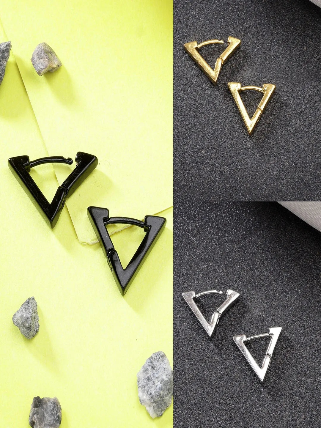 Men Set of 3 Multicolor Rhodium-Plated Geometric Shape Stainless Steel Studs Earring