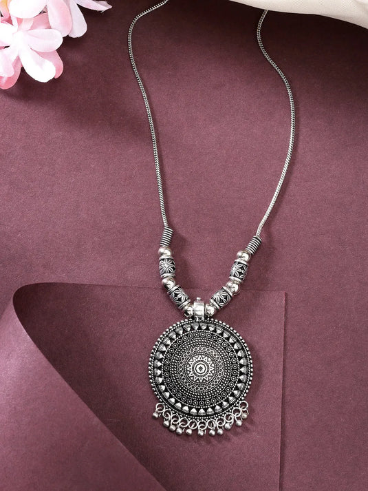 Silver-Toned Circular Shape Pendant with Chain