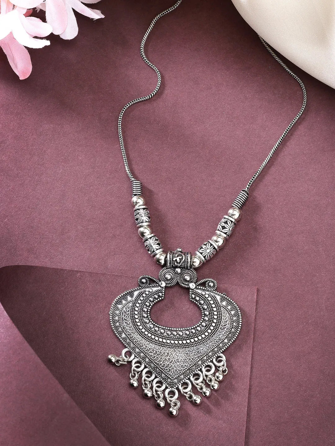 Silver-Toned German Silver Oxidised Pendant with Chain