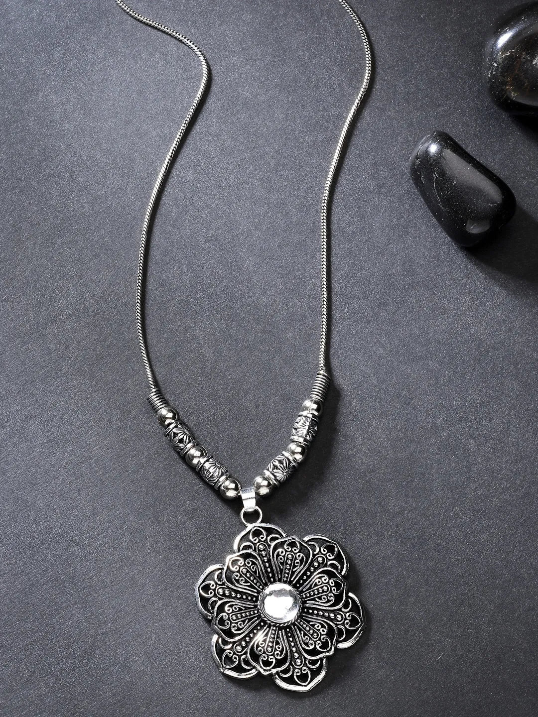 Silver-Toned Floral Shape Pendant with Chain