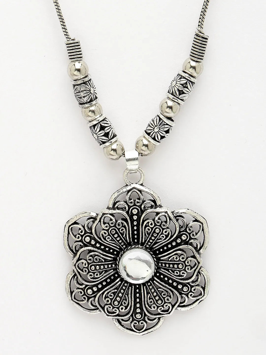 Silver-Toned Floral Shape Pendant with Chain