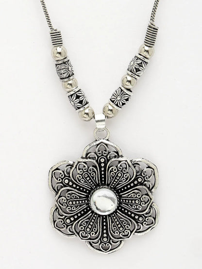 Silver-Toned Floral Shape Pendant with Chain