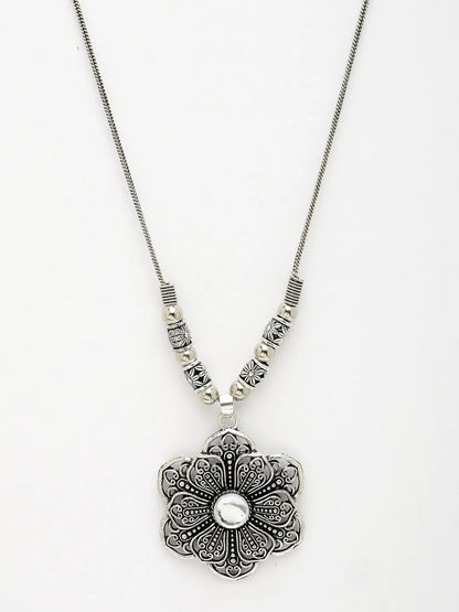 Silver-Toned Floral Shape Pendant with Chain