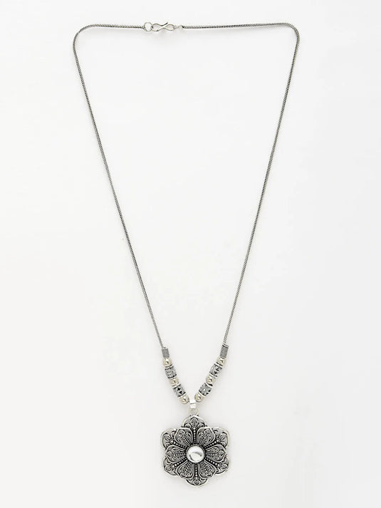 Silver-Toned Floral Shape Pendant with Chain