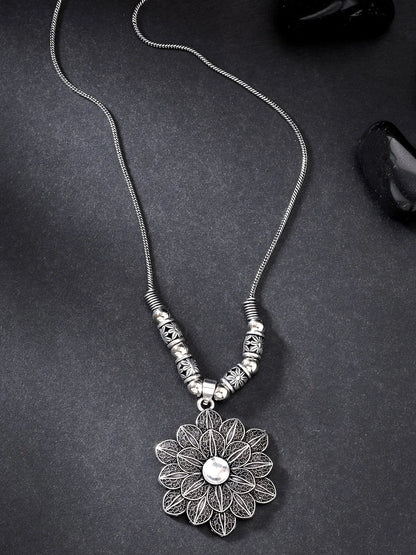 Silver-Toned Floral Shape Pendant with Chain