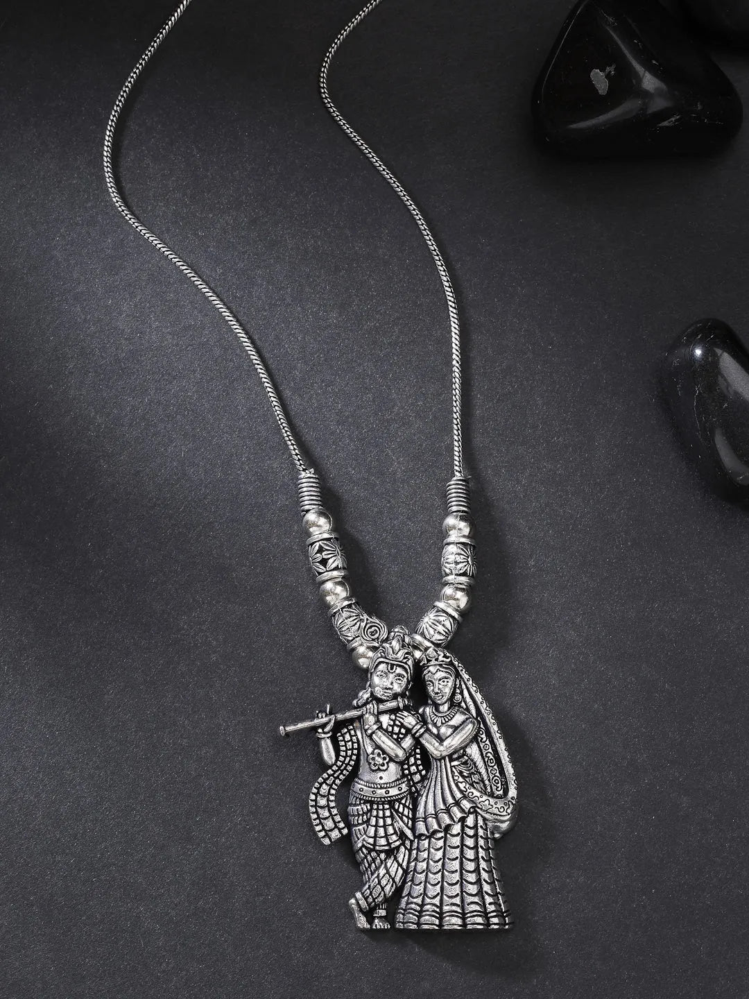 Silver-Toned Radha Krishna Pendant with Chain