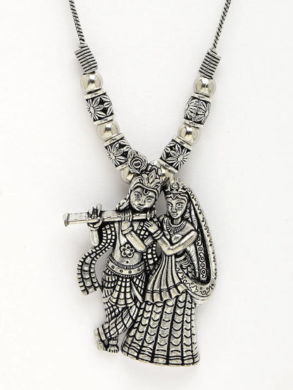 Silver-Toned Radha Krishna Pendant with Chain