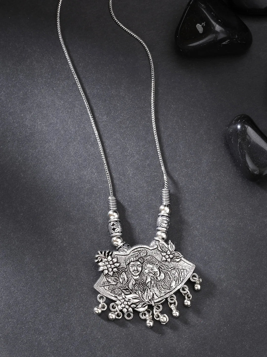 Silver-Toned Radha Krishna Pendant with Chain