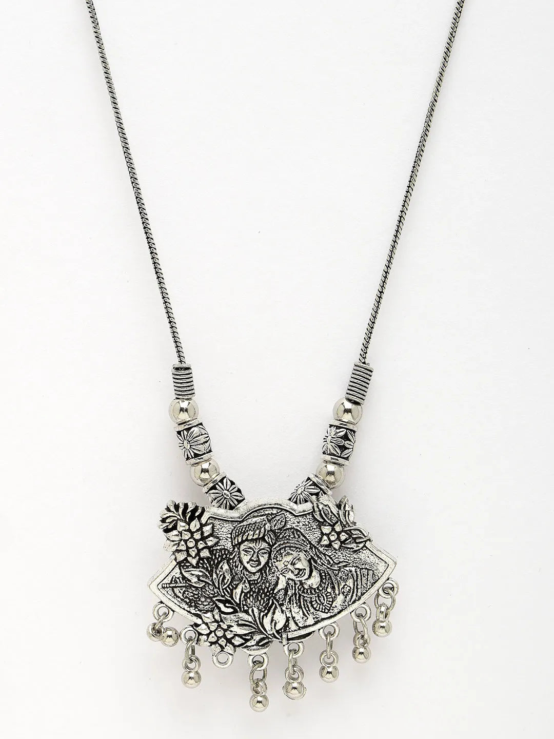 Silver-Toned Radha Krishna Pendant with Chain