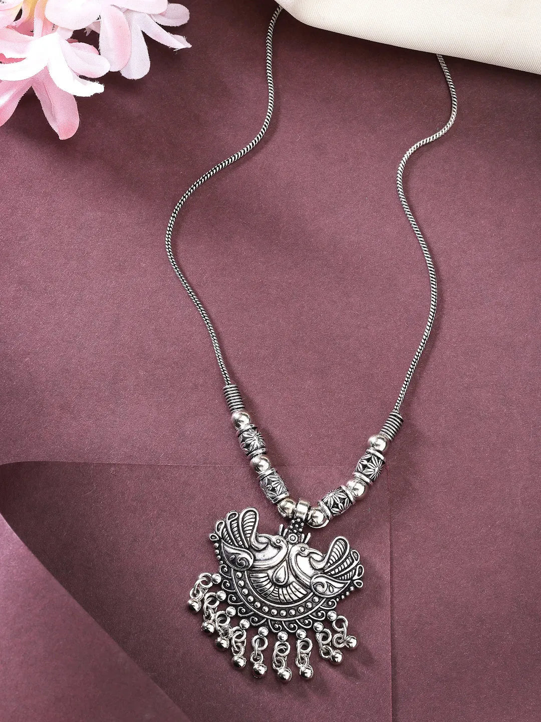 Silver-Toned Peacock Design Pendant with Chain