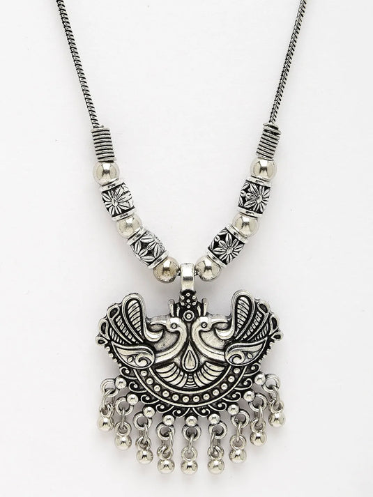 Silver-Toned Peacock Design Pendant with Chain