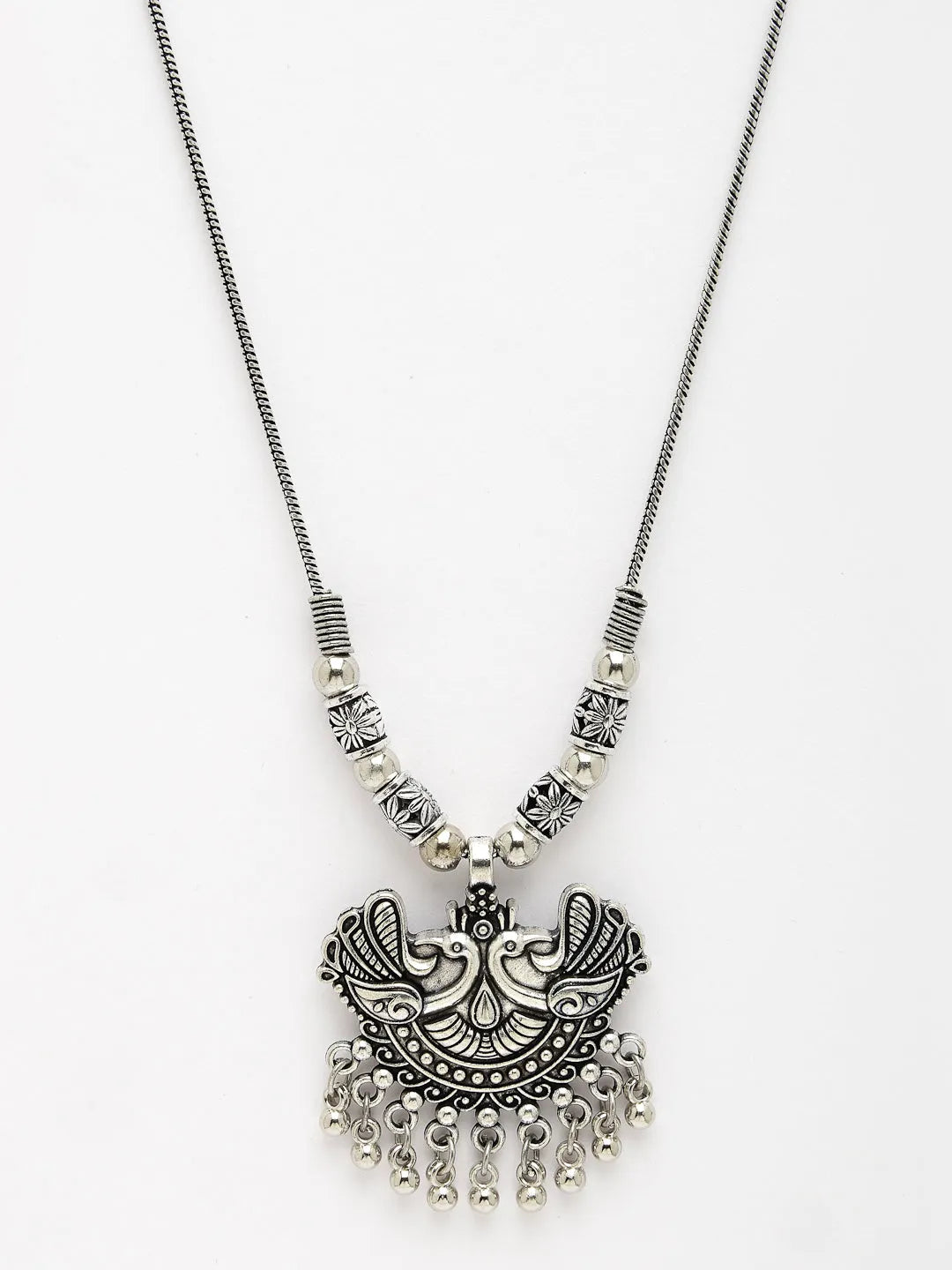 Silver-Toned Peacock Design Pendant with Chain