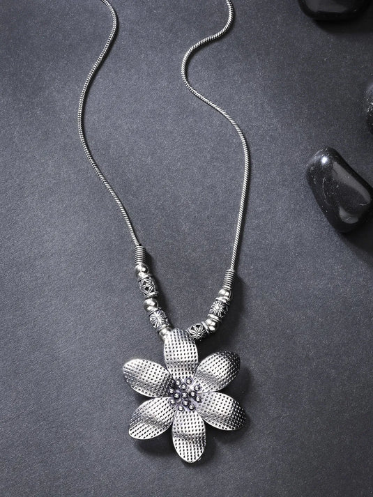 Silver-Toned Floral Shape Pendant with Chain