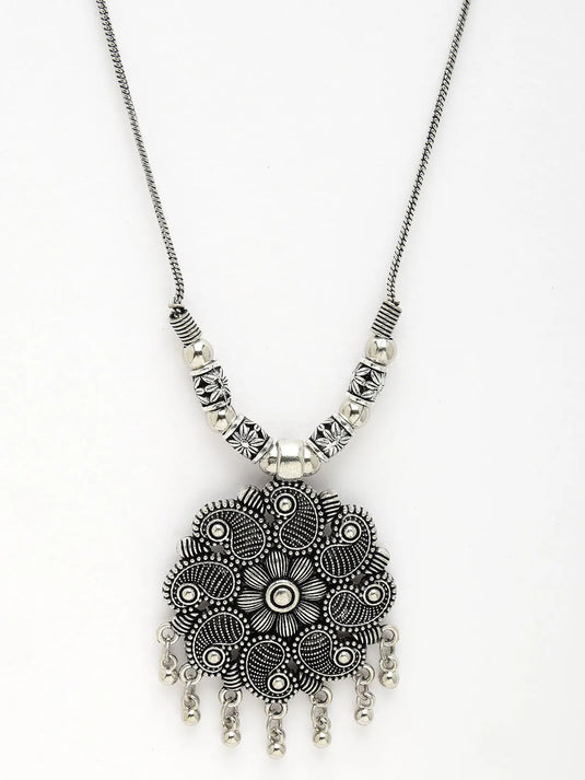 Silver-Toned Floral Shape Pendant with Chain