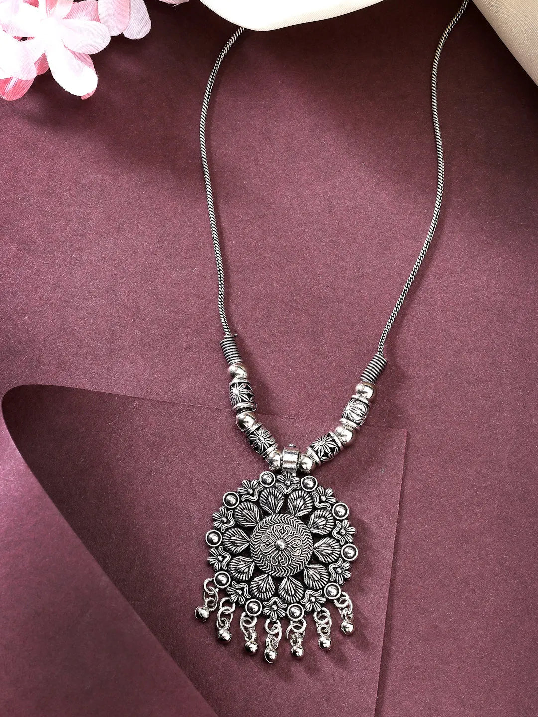 Silver-Toned Floral Shape Pendant with Chain