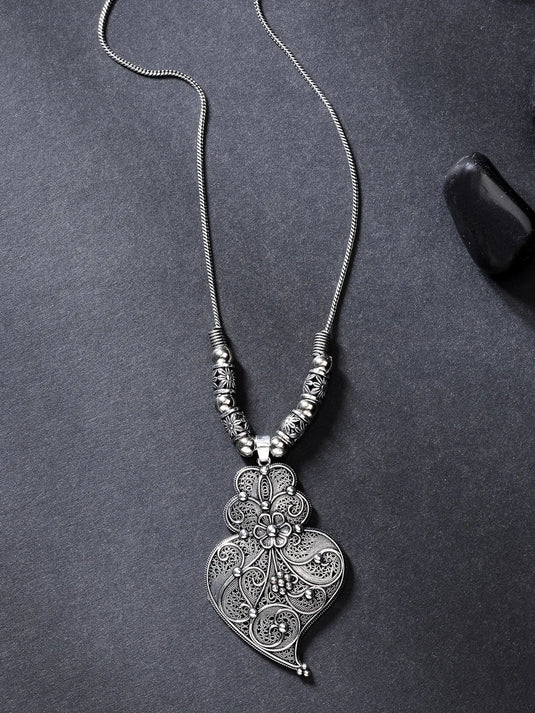 Silver-Toned German Silver Oxidised Pendant with Chain