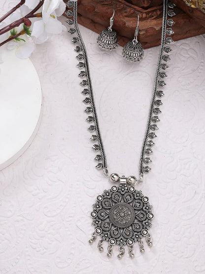 Silver-Toned Floral Shape Oxidized Necklace with Jhumka Earrings