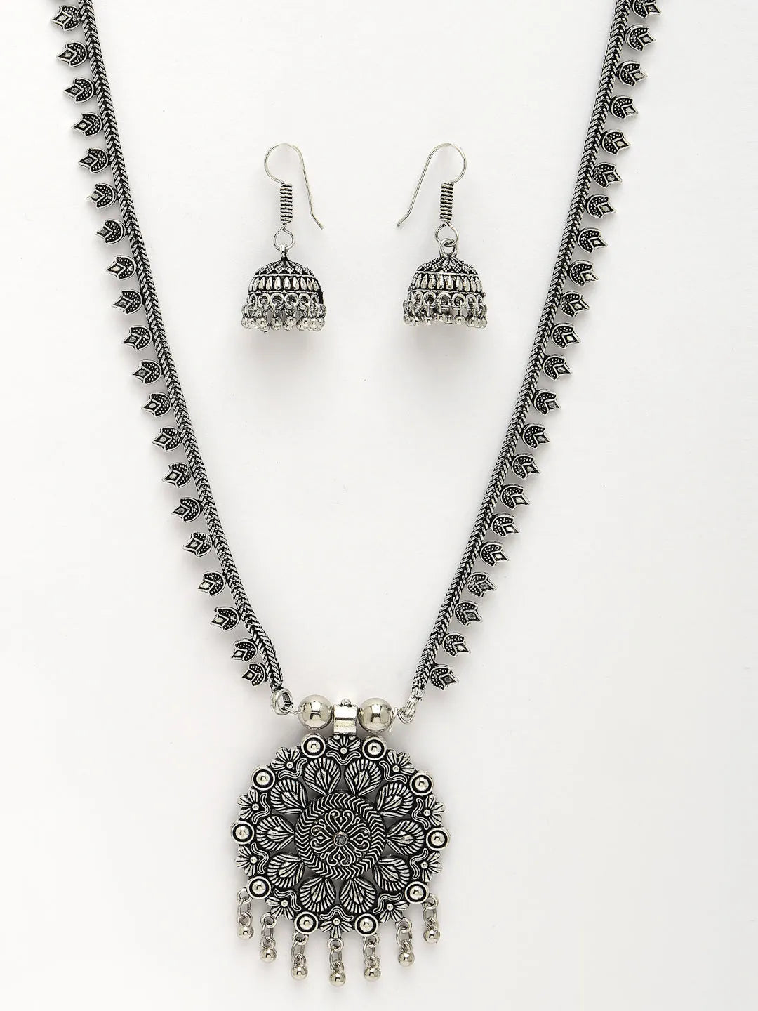 Silver-Toned Floral Shape Oxidized Necklace with Jhumka Earrings